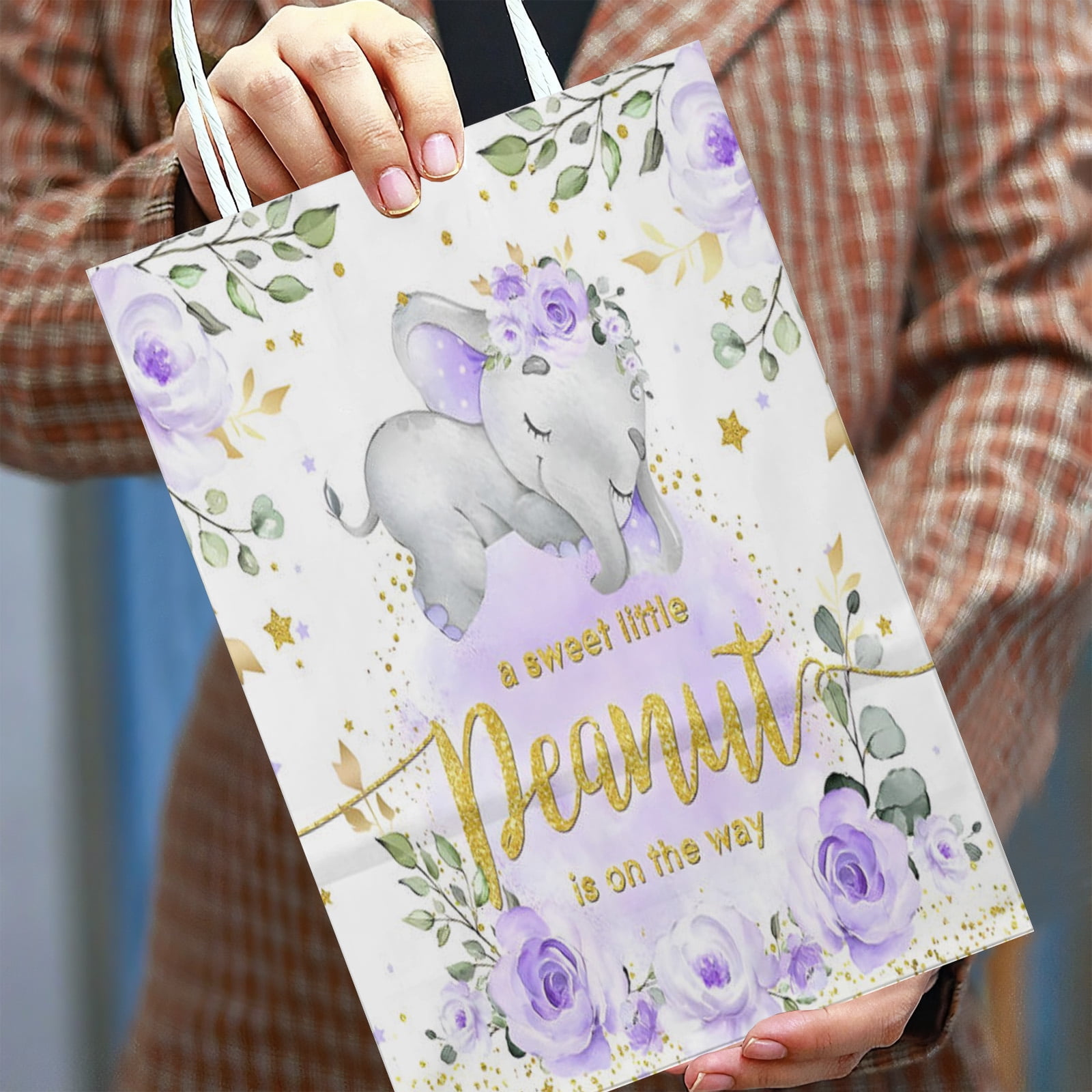 20Pcs Purple Elephant Baby Shower Party Favor Bags for Boys Girls Neutral A Little Peanut is On The Way Floral Cake Table Decoration Welcome Newborn Party