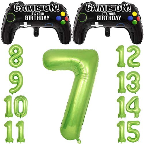 Video Game Party Balloons for Boys 7th Birthday Decorations- 2 Packs Game Controller Mylar Balloons with Green Number Balloons 7