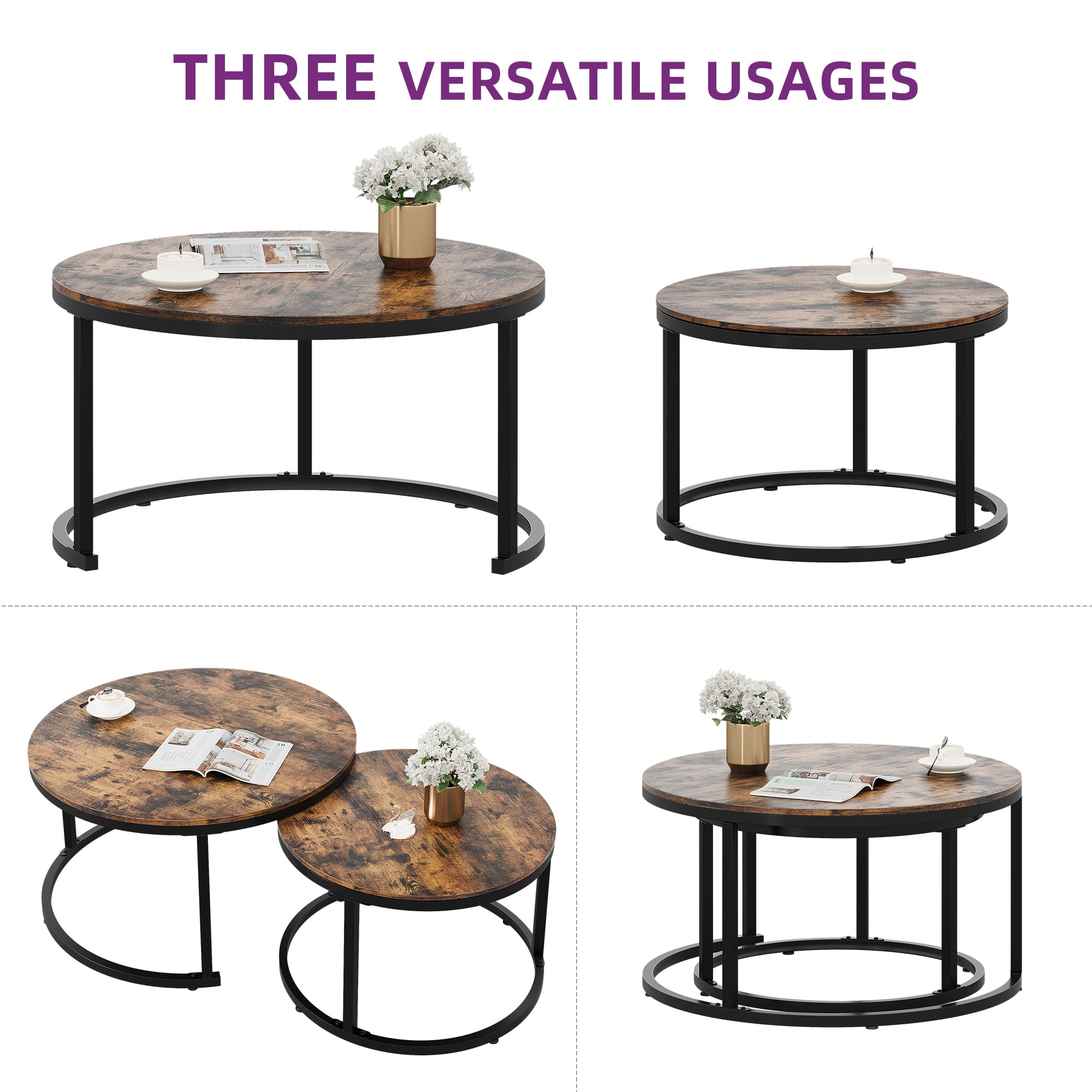 DWVO Round Nesting Coffee Table Set of 2, Snack End Table with Metal Frame for Living Room, Rustic Brown