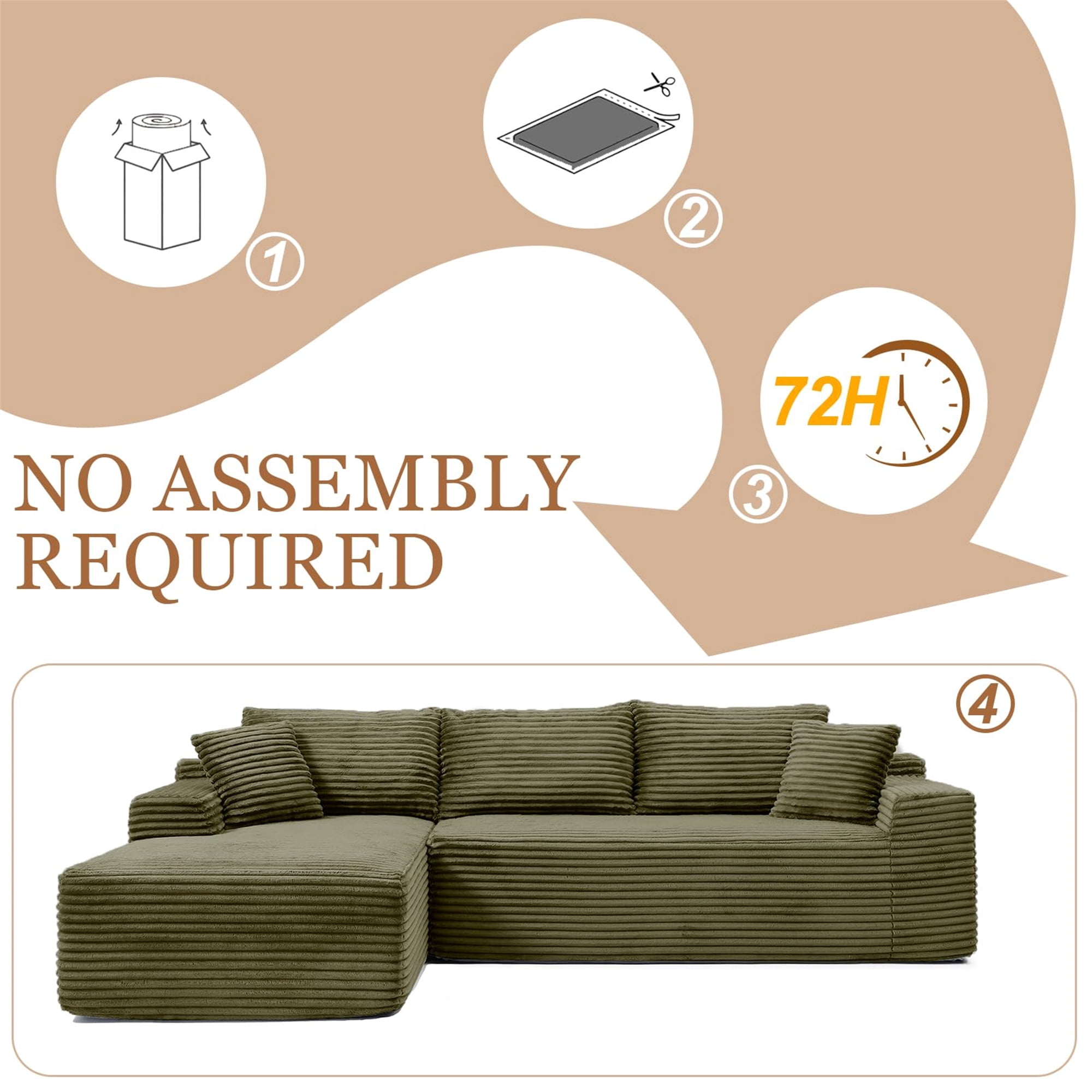 Aukfa 105" Cloud Sectional Sofa Boneless Couch Modular Sofa Bed for Living Room, 2Pillows, Left Chiase, Corduroy, Green