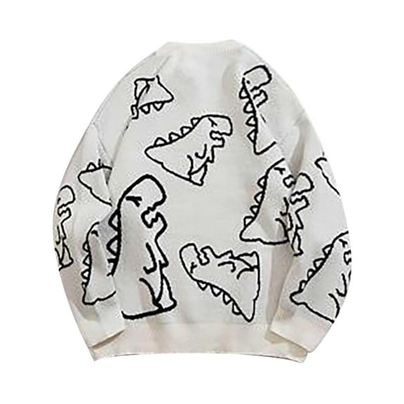 GBSYEWXS Men Pullover Sweaters Knit Long Sleeve Crew Neck Pullover Dinosaur Print Autumn White Sweater