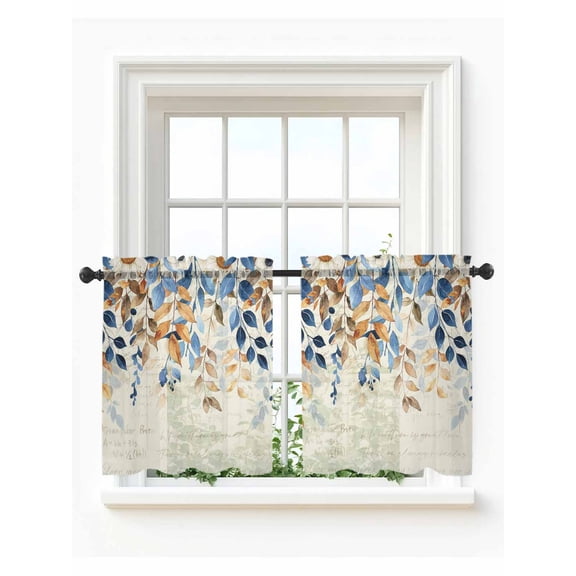 Orange Blue Botanical Tier Curtains 36 Inch Length,Sheer Curtains for Bedroom Living Room Window Weeping Fall Eucalyptus Leaves Rustic Kitchen Curtains Small Half Window Drapes 27.5"x36" 2 Panels