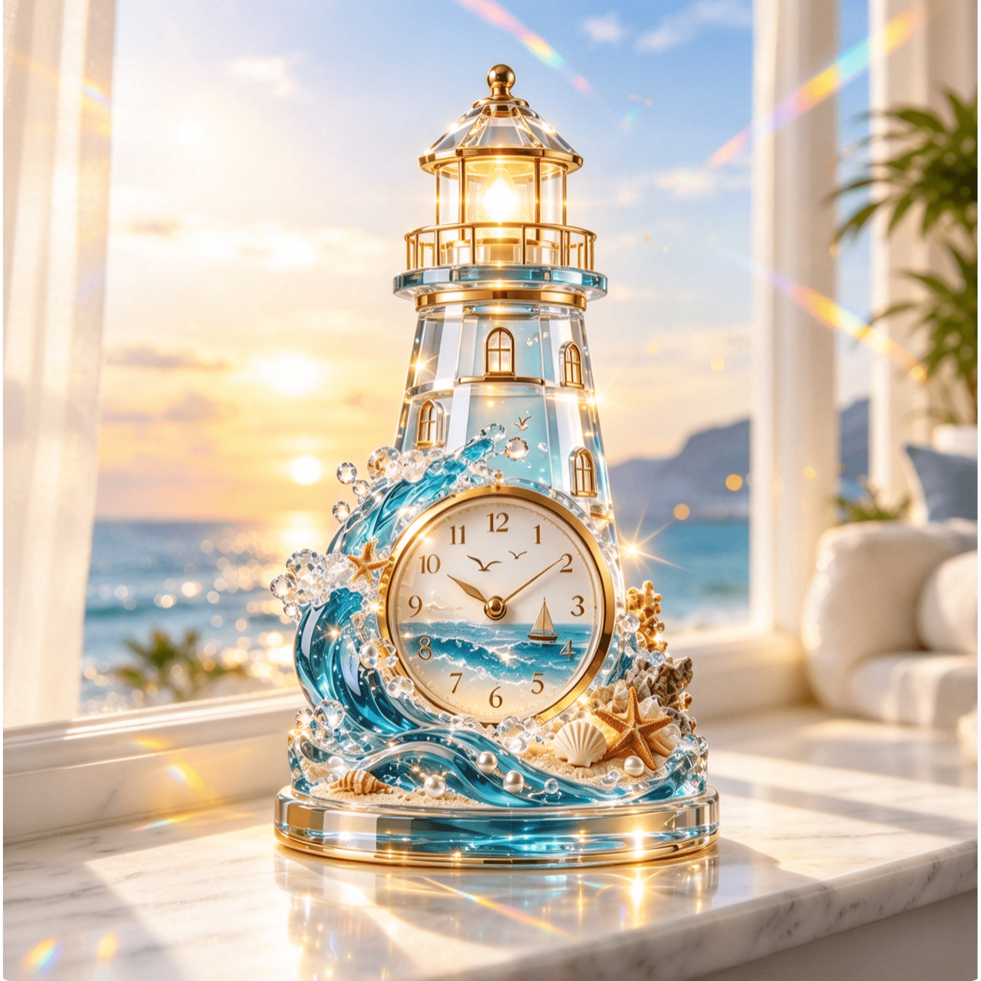 Coastal Glow Crystal Clock Collection, Ocean Inspired Decorative Clock, Coastal Crystal Clock With Warm Glow Coastal Glow Crystal Clock Collection, Ocean Inspired Decorative Clock, Coastal Crystal Clock With