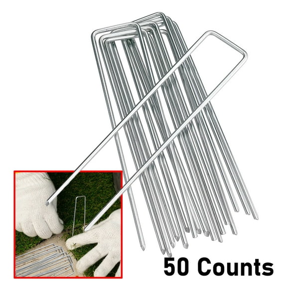 6" Heavy-Duty Galvanized Garden Staples - U-Shaped Metal Tent Stakes for Sod Anchoring, Landscape Fabric, and Halloween Decorations (50 Count, Silver)