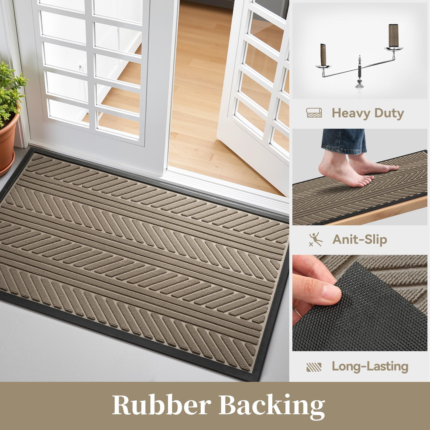 SIXHOME Outdoor Mat 17"x30" Non Slip Front Door Mat Outside Absorbent Rubber Welcome Mat Low Profile Dirt Trapper Indoor Outdoor Doormat Boho Geometric Door Mat Outside Thick Entryway Rug Beige