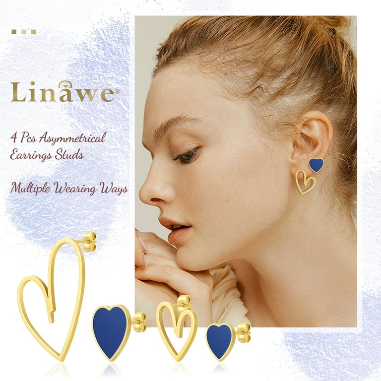 Linawe Blue Mismatched Heart Earrings for Women Trendy, Gold Stud - Main Image