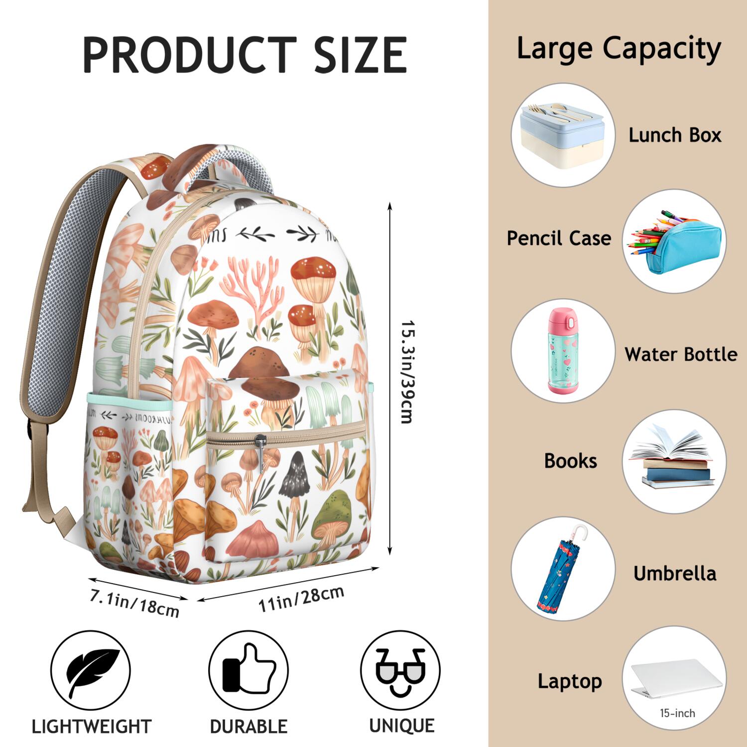 Whimsical Mushroom School Backpack - Vintage Aesthetic Fungi Bookbag with Organized Storage & Breathable Mesh Straps