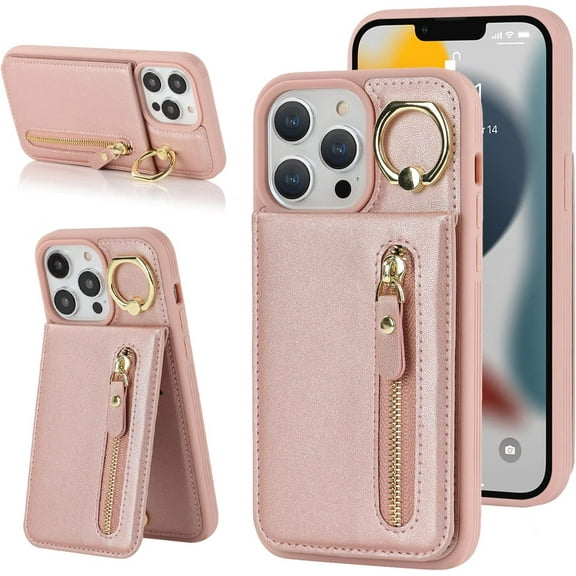 iPhone 13 pro Case with Card Holder for Women, iPhone 13 pro Phone Case Wallet with Credit Card with Ring Kickstand Zipper Shockproof Slim Stand Case for iPhone13pro - Rose Gold