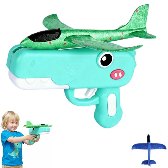 Cute Dinosaur Airplane Launcher Gun Foam Glider Plane Launcher Toy Outdoor Flying Catapult Aircraft Dual Modes Indoor/Outdoor Play Fun Birthday Gifts for Boys Girls,Green