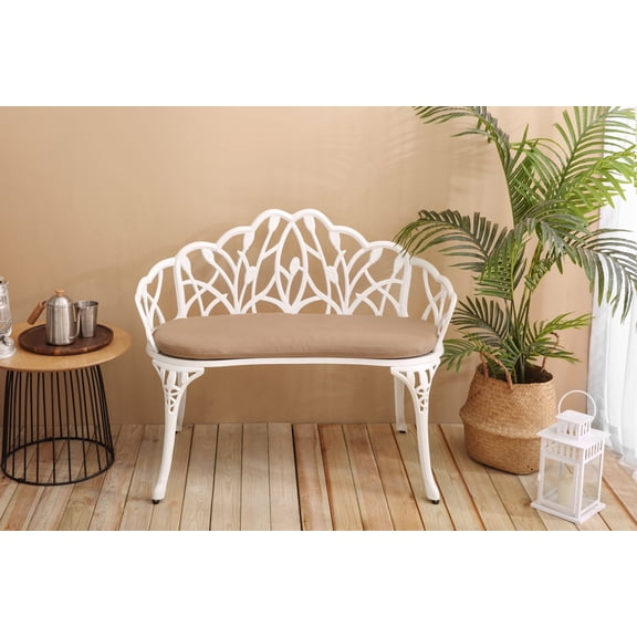 Cast Aluminum Garden Bench with Floral Rose Design and Cushion for Outdoor Comfort on Patio, Yard & Lawn