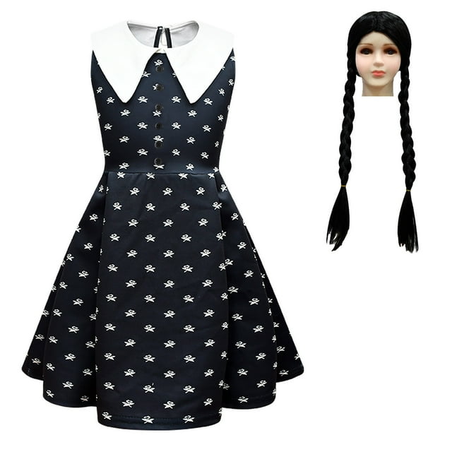 Girls Wednesday Addams Costume Dress Set,Addams Family Black Uniform Dress for Halloween Cosplay Party