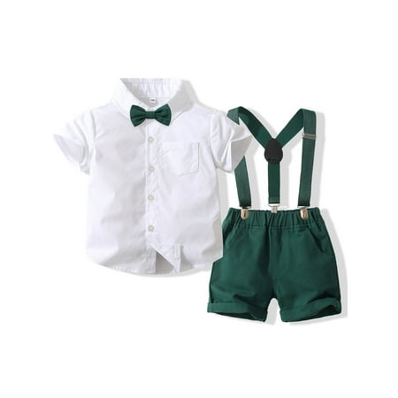 

Qtinghua Toddler Baby Boy Gentleman Suits Short Sleeve Button Bowtie Shirt Tops Bib Shorts Overalls Summer Clothes White Green 3-4 Years