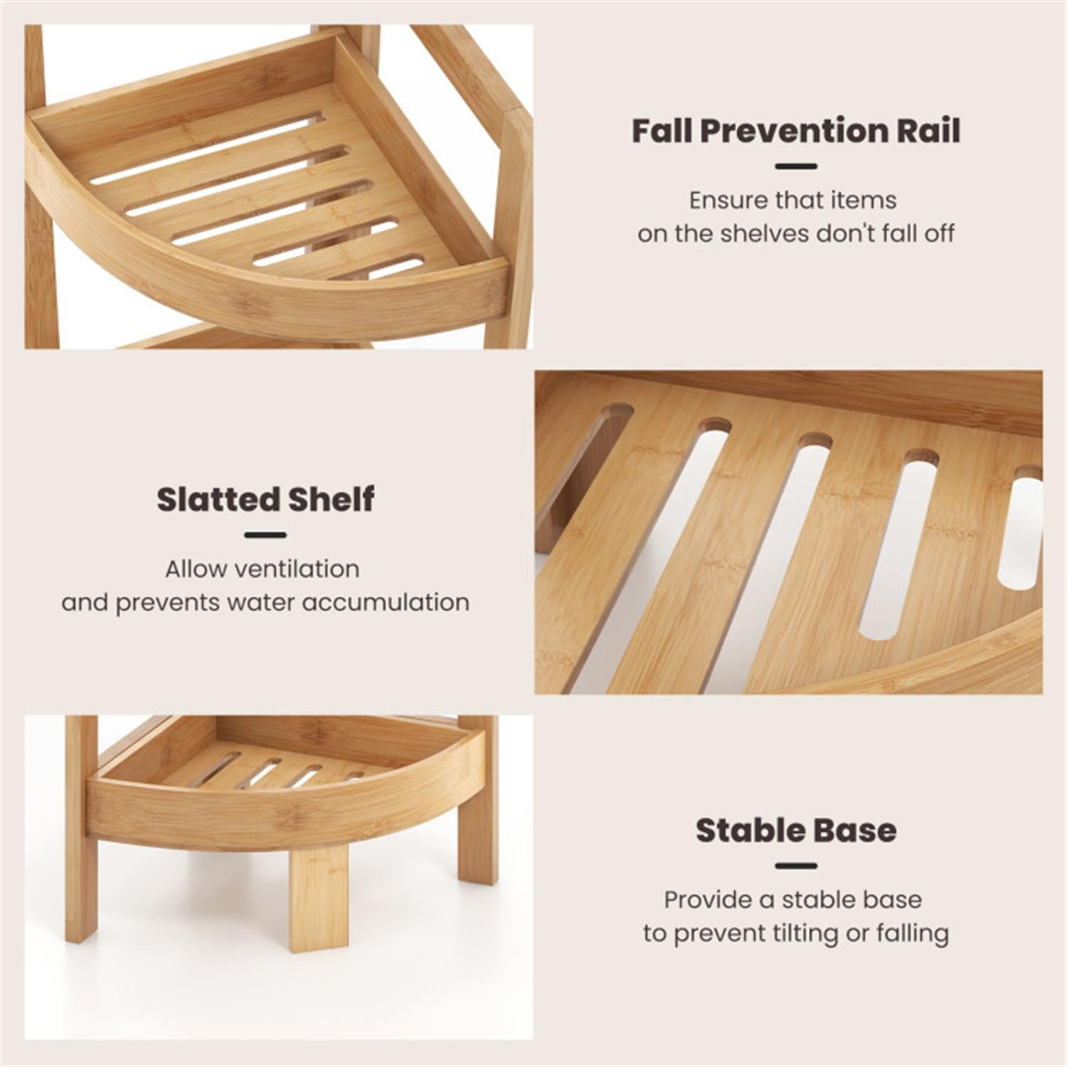 Demi Bonn 31" Corner Shelf, 4-Tier Freestanding Bamboo Display Shelving Tower, Storage Organizer Shelving Unit for Living Room, Bathroom, Kitchen and Office, Beige