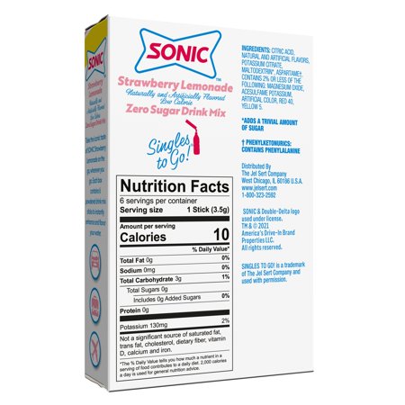 SONIC 6CT SINGLES-TO-GO SUGAR-FREE DRINK MIX, STRAWBERRY LEMONADE