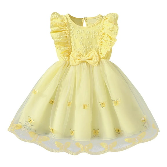 Ruyang Toddler Baby Tulle Dress Bow Flower Print Pleated Smocked Dresses Elegant Cute Ruffles Sleeve Summer Casual Dresses