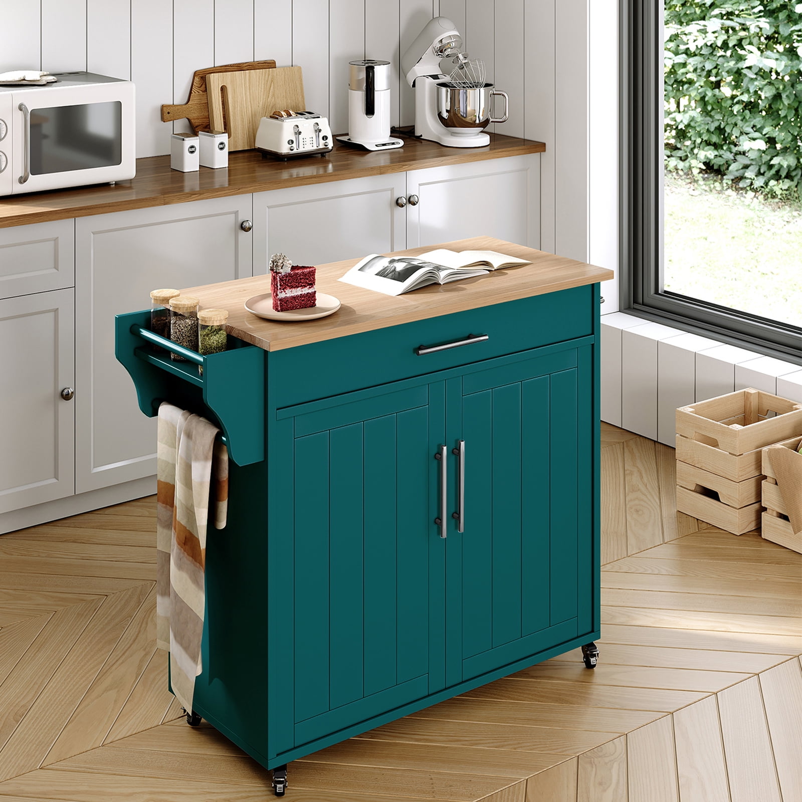 Soscana Kitchen Island Storage,Rolling Kitchen Island with Wheels,Kitchen Cart with Storage Rack & Drawer,Solid Wood Countertop,Kitchen Kitchenware Storage Rack Operation Console,Green