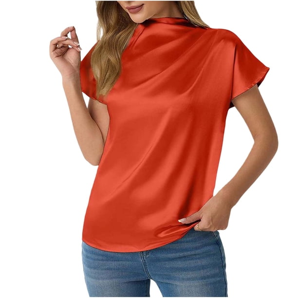 Camisetas de Manga Corta de Cuello Alto para Mujeres Moda Casual Primavera Cuello Redondo Medio Cuello Alto Hombro Izquierdo Plisado Superior