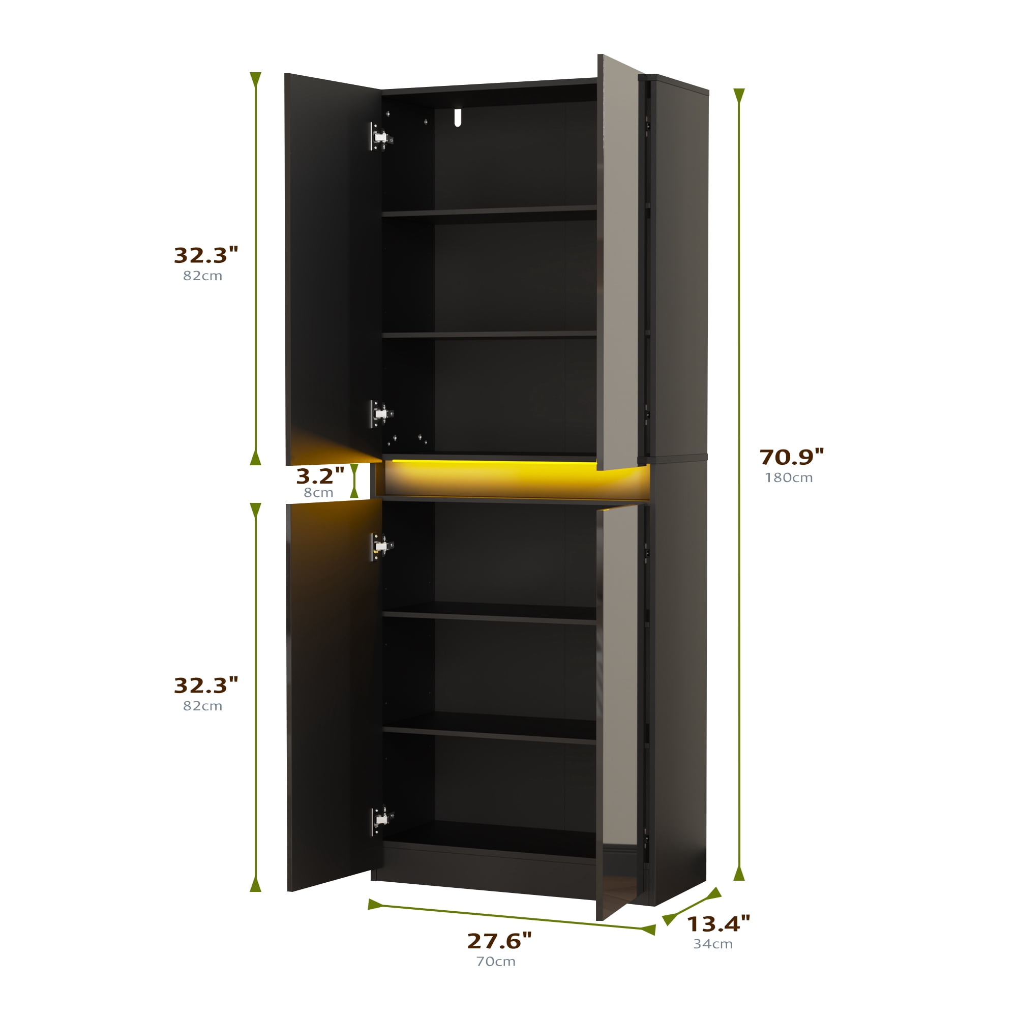 71" Tall Kitchen Pantry, Pantry Storage Cabinet with High Gloss Doors, Modern Buffet Hutch Cabinet with Led Light and Adjustable Shelves for Dining Room, Living Room, Black