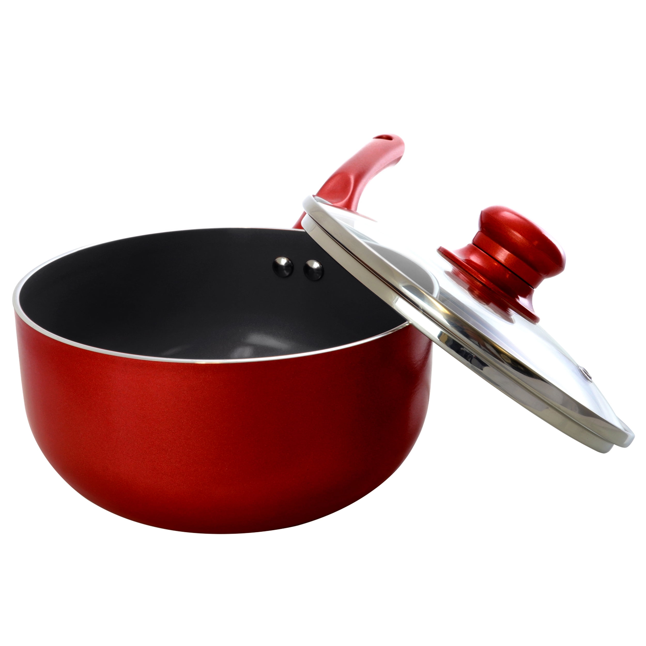 Cook N Home Nonstick 5.5 Mini Size One Egg Fry Pan and Sauce Pan 1-QT with  Lid Set, Red