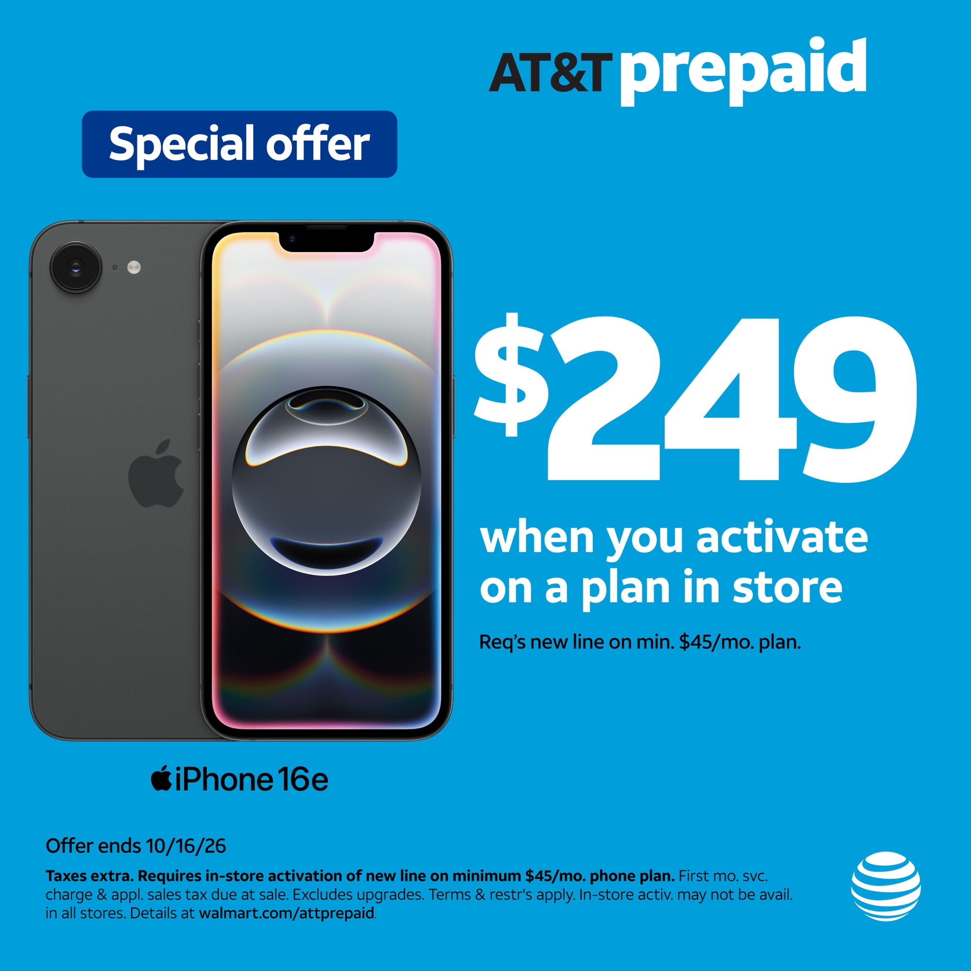AT&T Apple iPhone 16e, 128GB, Black - Prepaid Smartphone [Locked to AT&T]