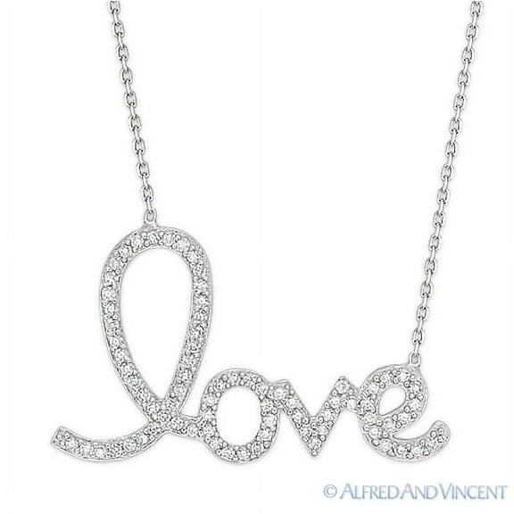 "Love" Pendant & Chain Necklace w/ CZ Crystals in .925 Sterling Silver - Large Size