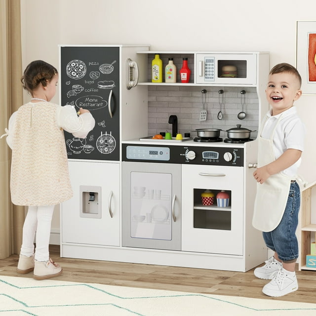 Gymax Play Kitchen Toy Set w/ Chalkboard Oven Sink Curtain Microwave Water Dispenser White