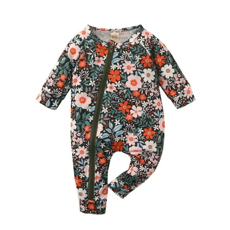 

MissiMae Baby Girl Boy Romper Long Sleeve Round Neck Floral Slant Zipper Toddlers Spring Fall Causal Jumpsuit