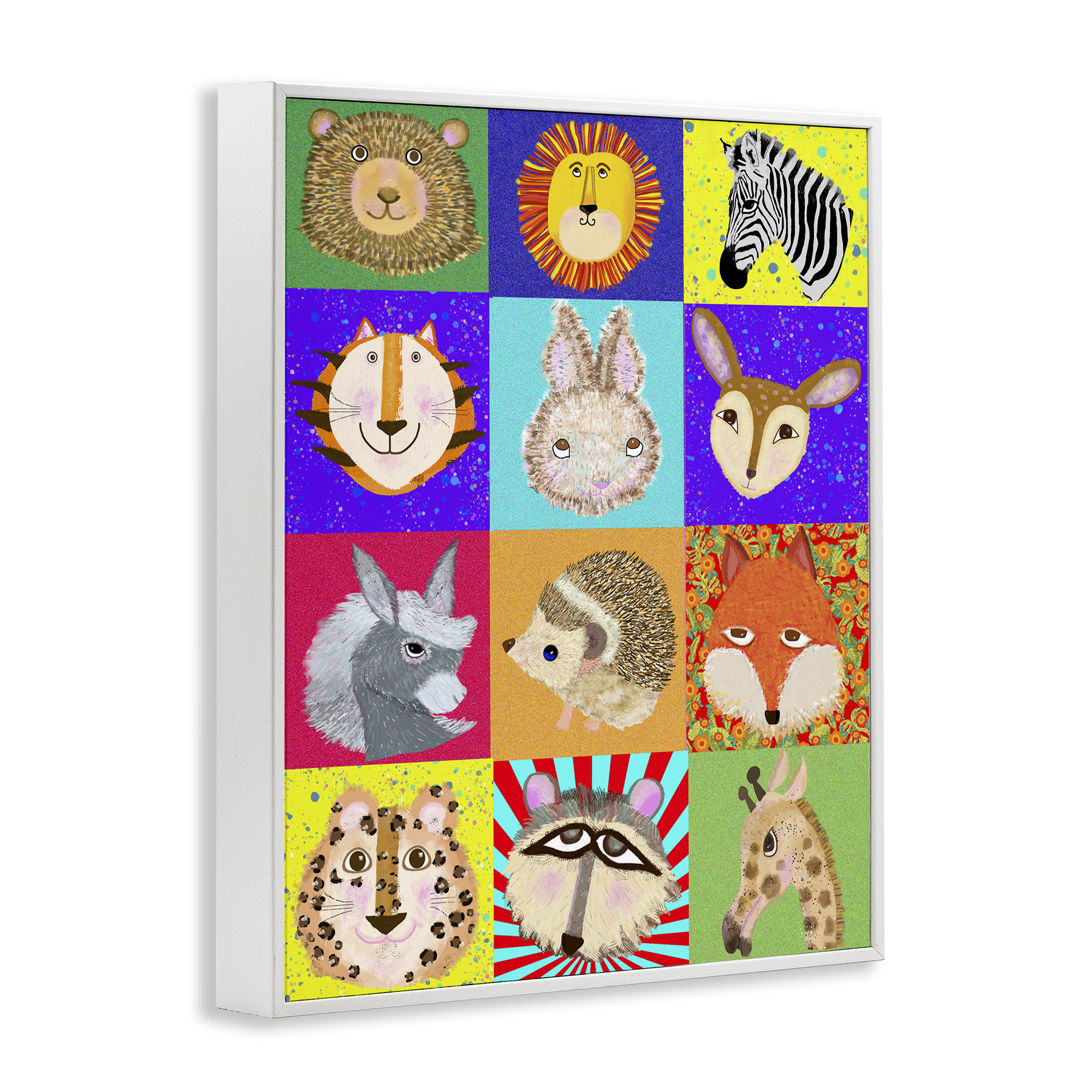 Furry Faces Animals White Framed Giclee Art, design by Lynnda Rakos