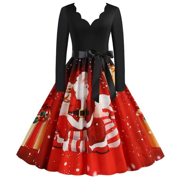 Vestido vintage de manga larga para mujer, para Navidad, años 50 y 60, para ama de casa, fiesta de noche, graduación, disfraces de Halloween, con lazo y vendaje