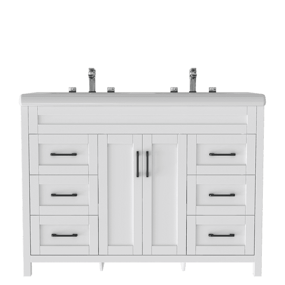 Freestanding Double Sink Bathroom Vanity Cabinet, 6 Drawers Cabinet with Ceramic Sink & Artificial Marble Top, 47 Inch, White