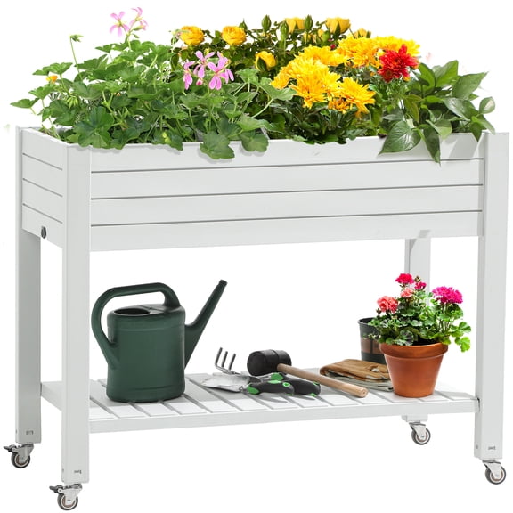 Dextrus 3.6x1.5x2.8FT Elevated Raised Garden Bed with Legs and Lockable Wheels, Outdoor Large Resin Patio Planter Box Stand with Drain Plug, Water Monitor and Storage Shelf for Plant Vegetable Flower