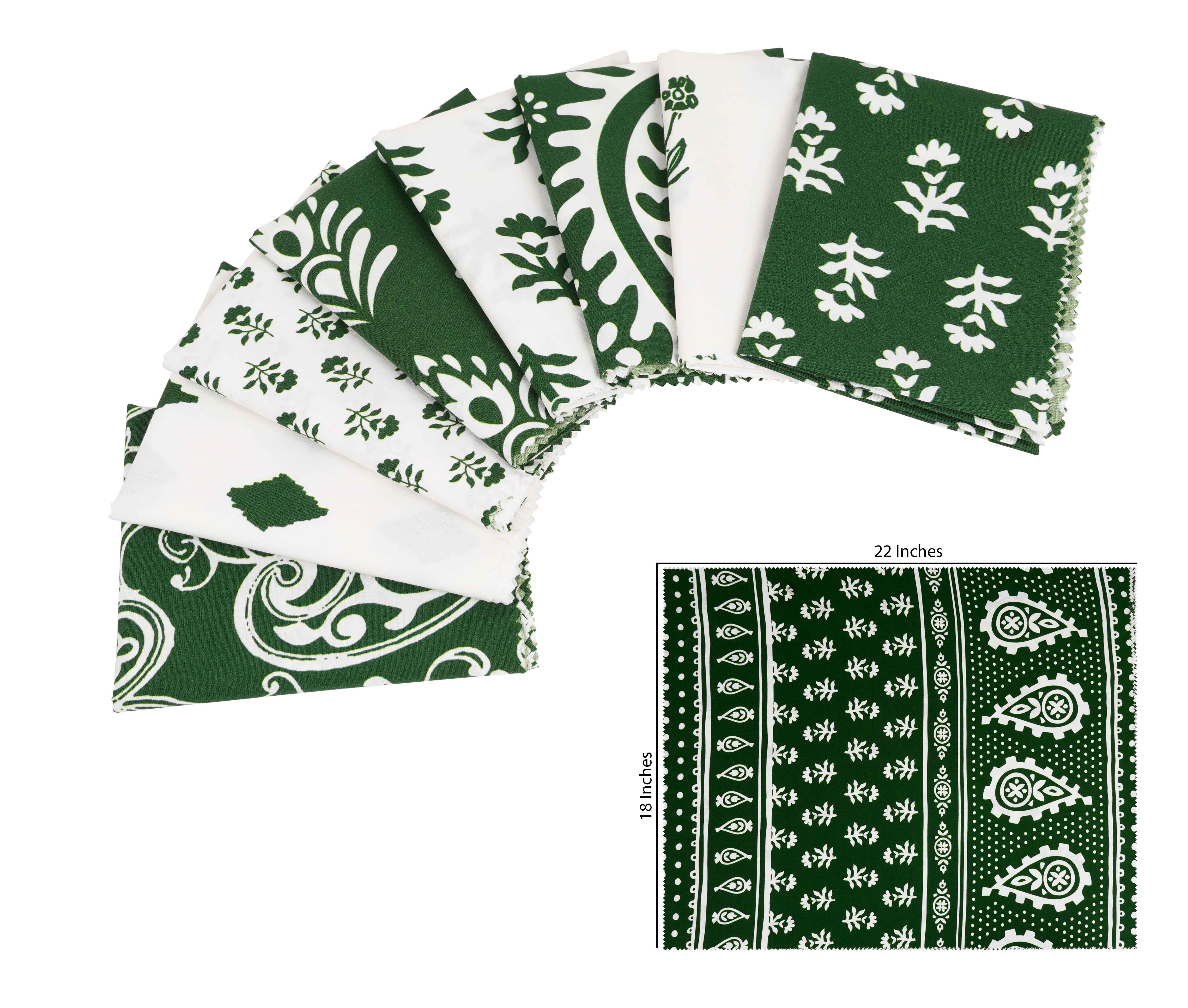 Soimoi 8 Pc Fat Quarter Bundle,Asian Block PaisleyPrint 18"x 22"DIY Patchwork-100% CottonPre-Cut Quilting Fabric White & Green