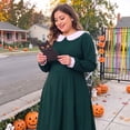thumbnail image 2 of Agnes Orinda Women's Plus Size Halloween Outfits Dress Peter Pan Collar Long Sleeve Fall Winter Midi A-line Dress 1X Dark Green, 2 of 8