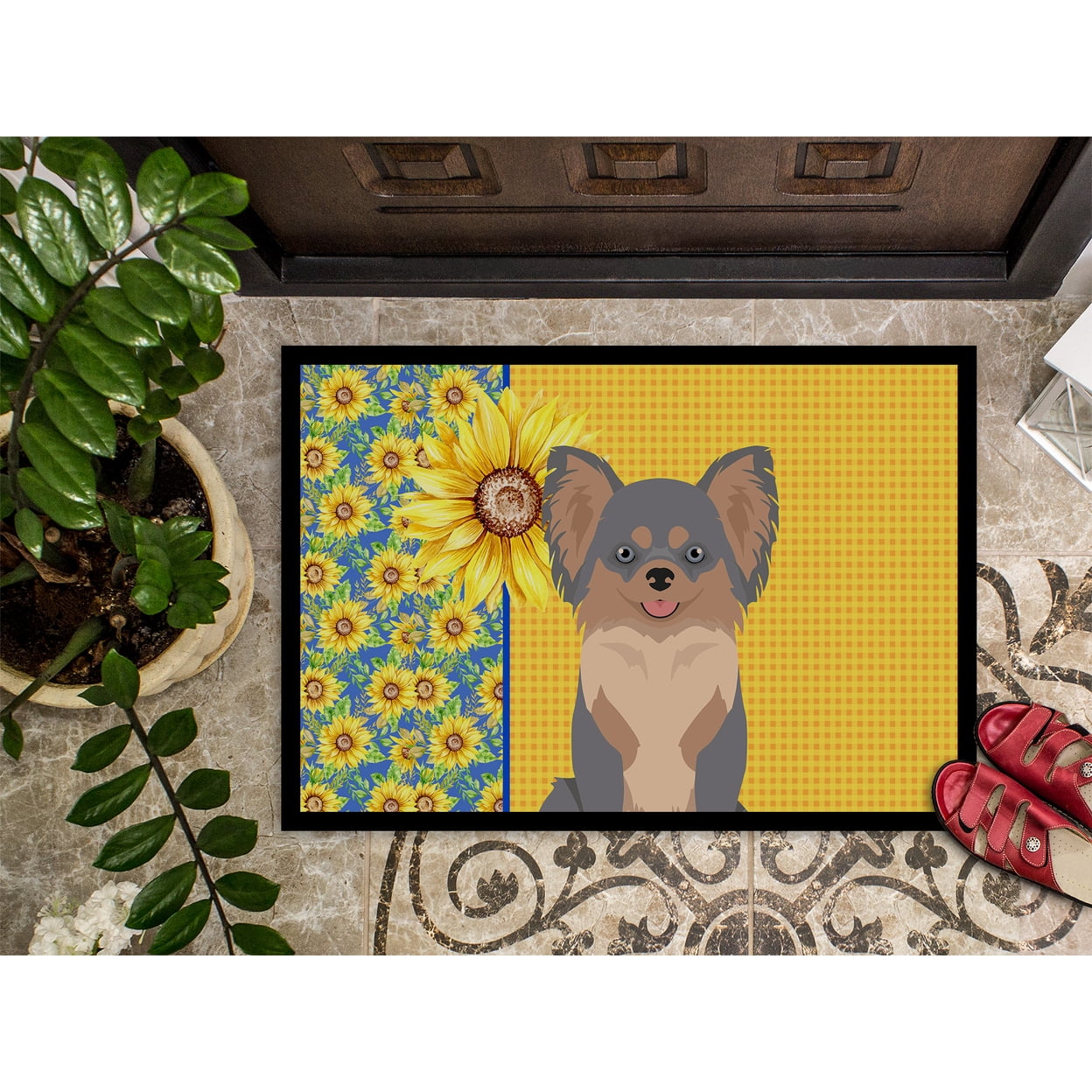 Summer Sunflowers Longhaired Blue and Tan Chihuahua Indoor or Outdoor Mat 24x36