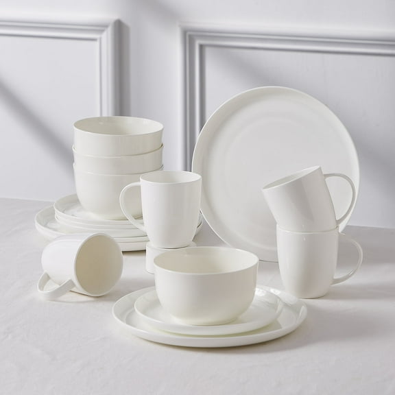 Pacifica Home Billy Coupe Shape Bone China Modern White Porcelain Dinnerware Set, Service for 4, Chip & Scratch Resistant, Dishwasher & Microwave Safe