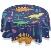 SKYSONIC Funny Dinosaurs & Palm Leaves Tablecloth Durable 60 Inch Round Table Cloth Waterproof Stain Proof Camping Tablecloths for Outdoor Picnic Family Dinner Restaurant Decoration