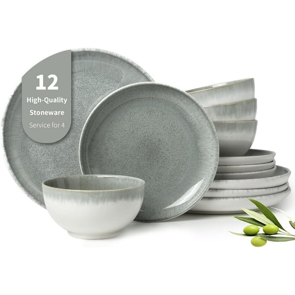 Pokini Stoneware Dinnerware Sets for 4, 12pcs Plates and Bowls Sets Dishes