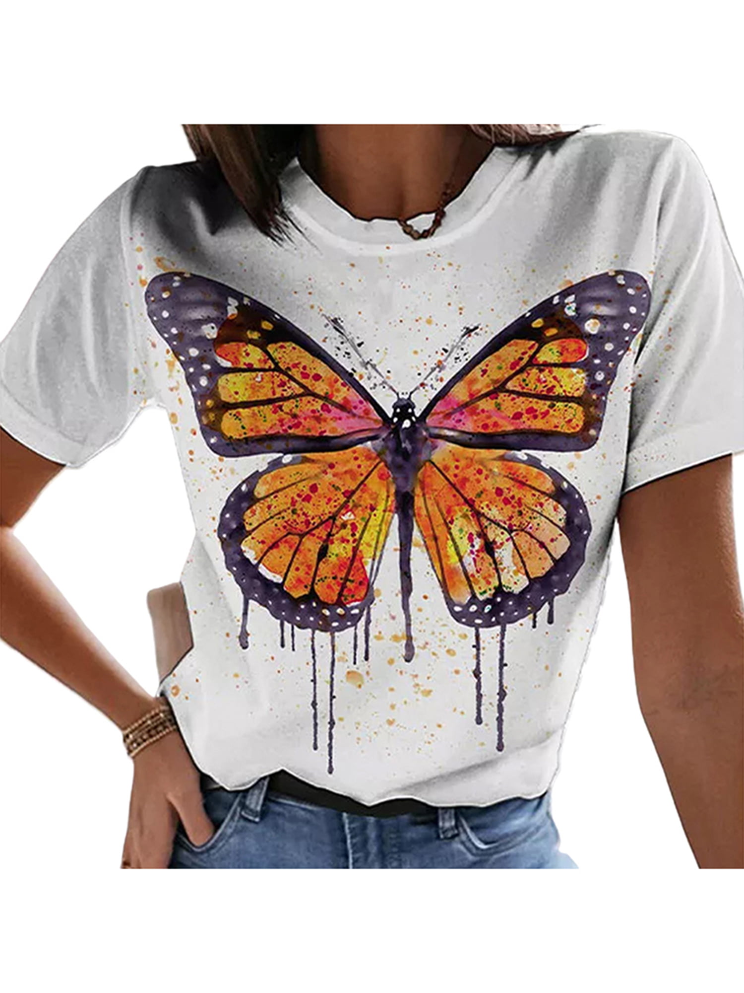 Women's Butterfly Floral Crew Neck Short Sleeve Top T-Shirt Loose Casual Blouse 