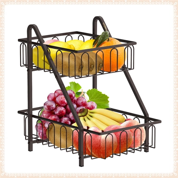 2-Tier Metal Rectangle Fruit Vegetable Baskets with handle for Countertop in Bronze