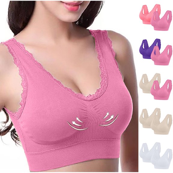 Qingpeng Women's 2PC Sport Bra Full Coverage No Underwire Everyday Bras Comfortable Breathable Wireless Bra with Support and Lift