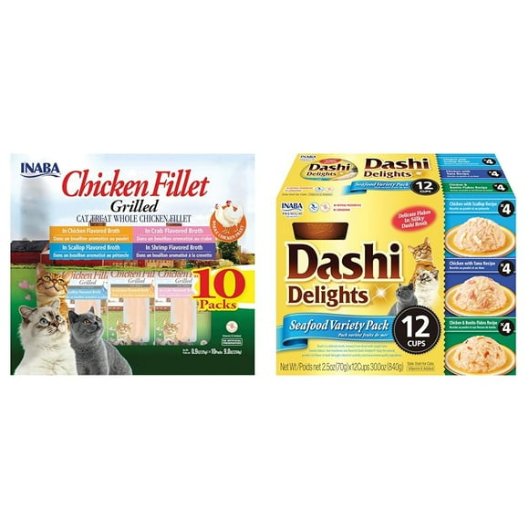 INABA Naturel, Filet de Poulet Grillé Premium Fait Main Friandises/topper & Délices Dashi pour Chats, Poulet Râpé avec Bouillon Bonito Flake, 2.5 Onces, 12