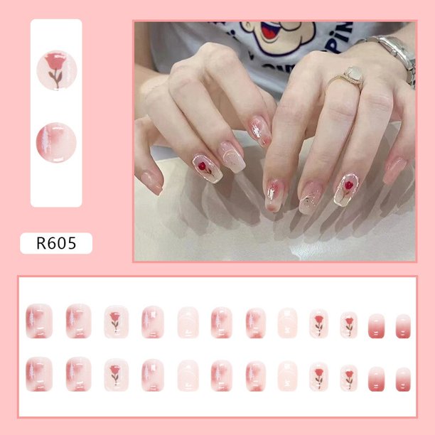 24 unids/caja de uñas postizas cortas reutilizables con diseños Set francés Artificial rosa kawaii falso Tipsy Stick-on Nails Tips Art Dengxun unisex