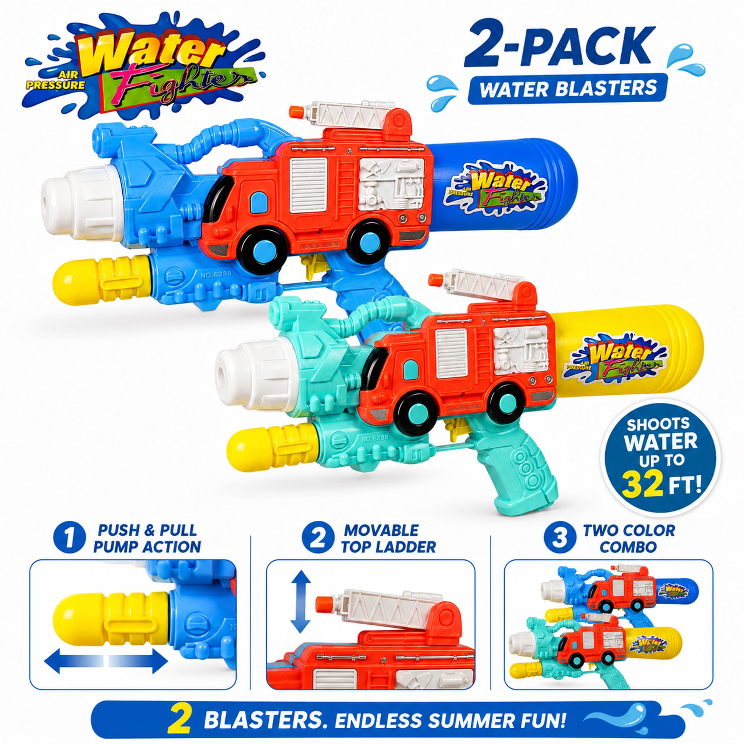 2-Pack Firetruck Water Blaster Outdoor Toys, 15 Inch Pump Action Water Spray Toy Set with Refillable Bottles, Tube Connection and Movable Ladder for Kids Summer Play