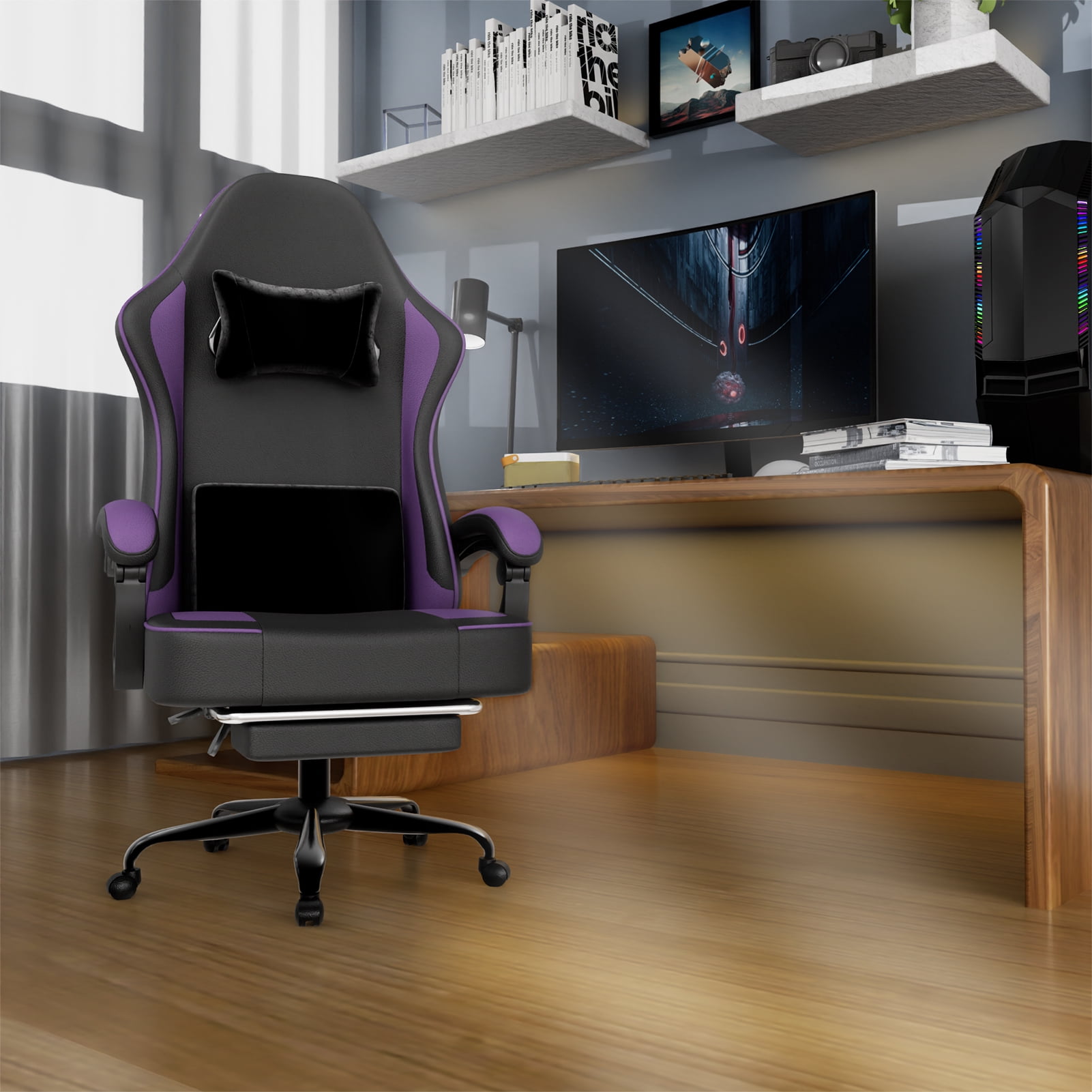 Gaming Chair with Pocket Spring Cushion and Footrest, Ergonomic Computer Chair for Adults, Breathable PU Leather Game Chair, Adjustable Headrest and Lumbar Support Office Desk Chair
