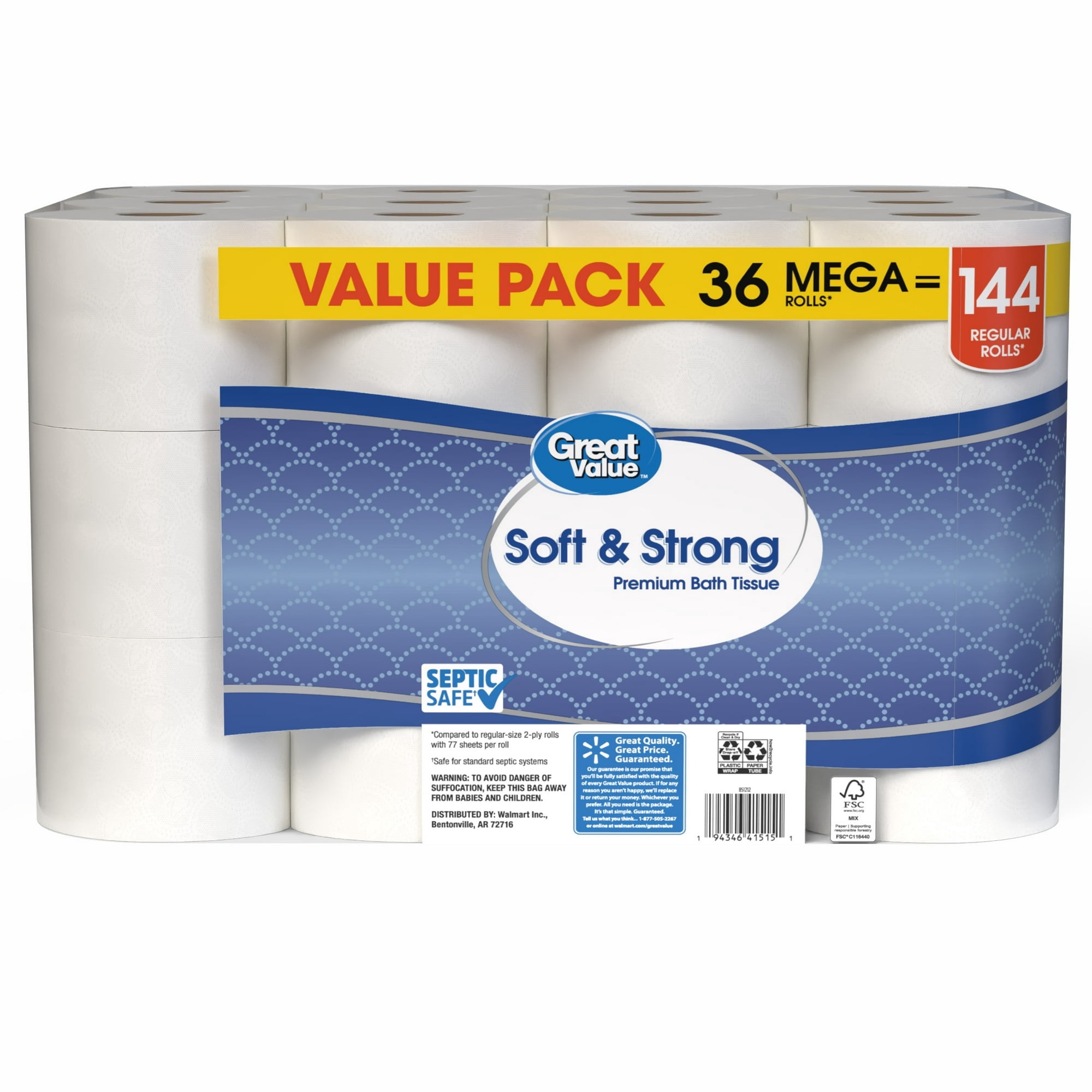 Soft & Strong Premium Toilet Paper, 36 Mega Rolls, 380 Sheets per Roll