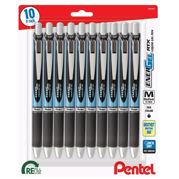 Pentel EnerGel RTX Retractable Premium Pen, (0.7mm) Needle Tip, Ultra Smooth, Medium Line, Black Ink 10 Pack