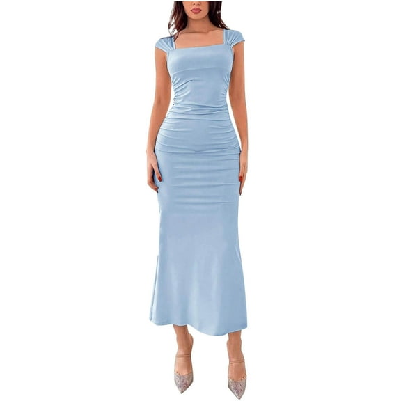 yillto Women's Summer Dress Casual Short Sleeve Square Neck Solid Color Slim Ruched Flowy Maxi Dresses