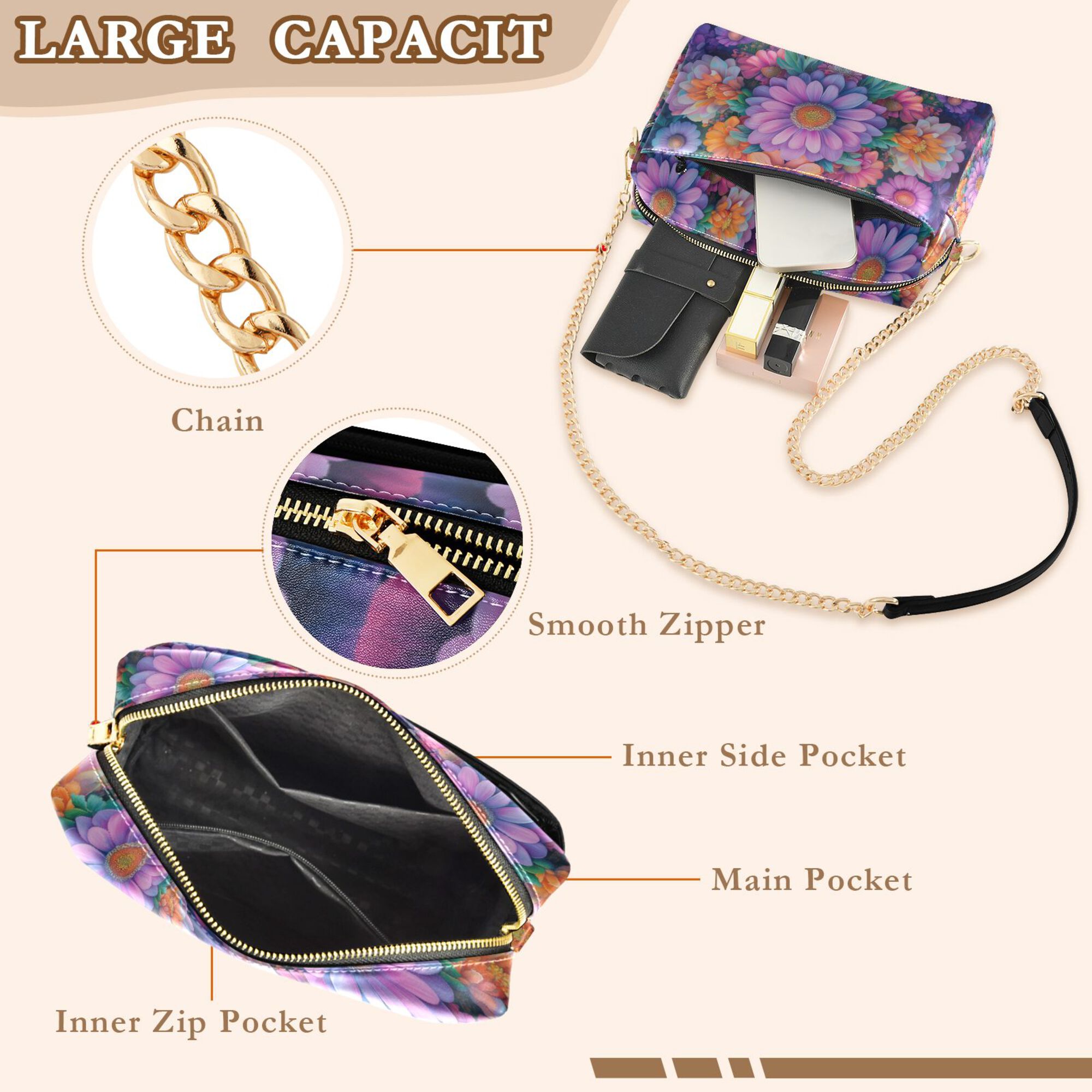 FORMRS Women Crossbody Purse with Chain Strap Vegan Leather Shoulder Handbag, Light Purple Flowers