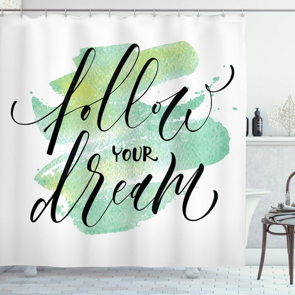 Dream Shower Curtain, Calligraphic Text on Vivid Green Brush Stroke Watercolor Background, Fabric Bathroom Set with Hooks, 69"W X 75"L Long, Sea Green Black and White, by Ambesonne
