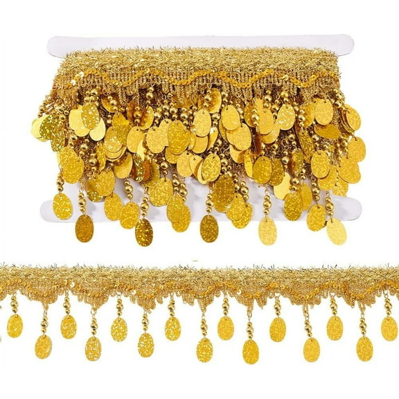 4.6~5 Yards Golden Fringe Trim 3-3/8 inch Filigree Lace Ribbon with Oval Bead Tassel Sewing Edging Trim Fabric Decorative Trim for Curtain Lampshade Costume Craft Home Decor
